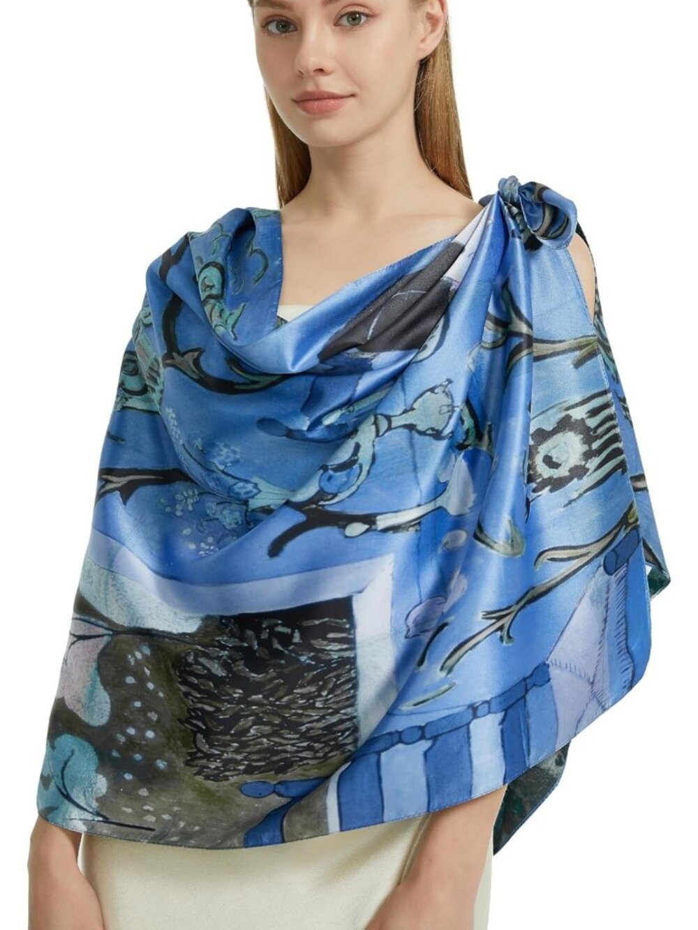 Floral Lightweight Long Scarf for Women | Silk Feel Head Shawl | Double-Sided